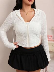 CovetEZ New Lace Knit Jacquard Hooded Casual Semi-Sheer Plus Size Jacket - Black - View 1