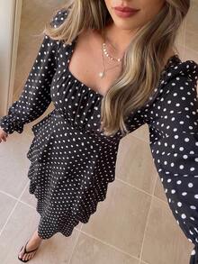 KARISMINA Women's Polka Dot Square Neck Multi-Layer Ruffle Hem Elegant Long Dress,Polka Dot Tiered Maxi Dress, Tiered / Layered,Vacation,Wedding Guest - Black - View 5