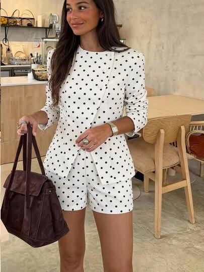 Serisse Women's Elegant Two-Piece Set With Black And White Polka Dot Long-Sleeved Top And Shorts; Polka Dot Two-Piece Suit; Diagonal-Front Two-Piece Set.