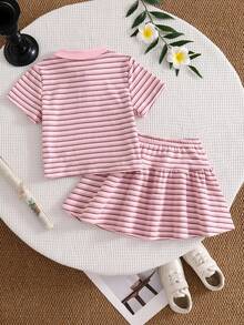 Girls' Summer Striped Polo Set, Classic Pink And Brown Striped Combination, Suitable For All Skin Tones - Pink - View 2