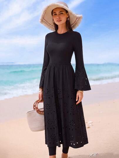 Swim Mulvari Women's 3-Piece Swimsuit Set, Spring/Summer New High Neck Hollow Out Long Sleeve Top, Long Pants, Hollow Out Maxi Skirt, Bikini Swimsuit Set, Middle East Beach Cruise Elegant Vacation Swimming Sun Protection Casual Beach Swimwear