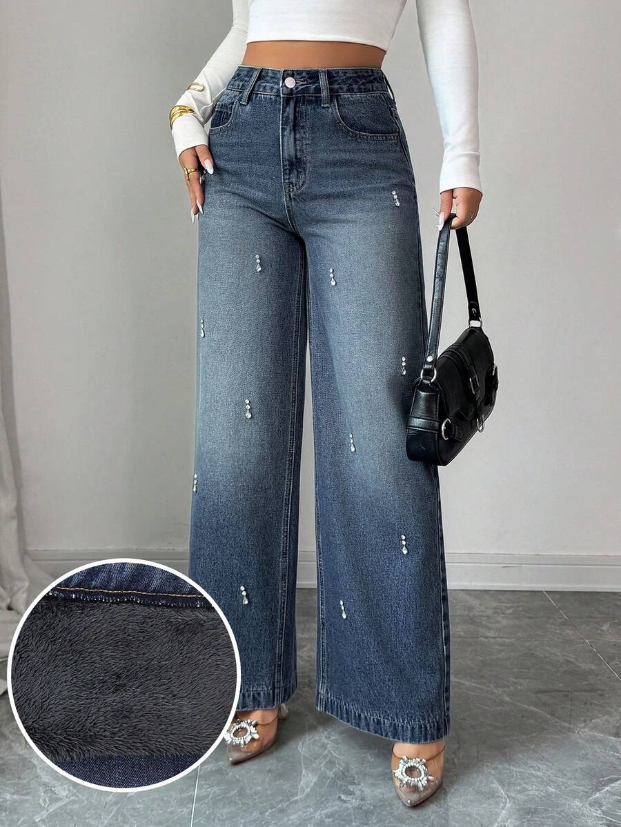 DAZY Women's High Waist Wide Leg Washed Rhinestone Thermal Lined Denim Jeans Casual Style Winter Fall - Dark Wash - View 1