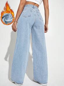SHEIN ICON 女款休閒日常牛仔褲，附口袋與鈕扣設計 - 淺色水洗藍 - 查看 2