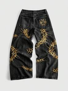 ROMWE MEN Street Life 男士蜈蚣刺繡圖案口袋鈕扣休閒日常牛仔褲 - 黑色 - 查看 2