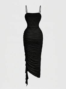 SHEIN MOD 女款性感度假風提花百褶修身細肩帶洋裝 - 黑色 - 查看 7
