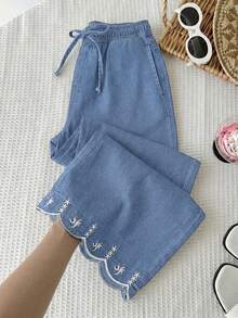SHEIN Tween Girls' Embroidered Drawstring Waist Curved Hem Pocket Denim Jeans - Light Wash - View 1