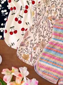 1pc Random, Baby Girl Summer New Soft Fabric Floral & Cherry Print Spaghetti Strap Round Neck Casual Romper, Daily Wear Cute Style - Multicolor - View 3