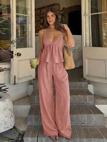 Siren Gaze Women's Solid Color Pleated Cami Top & Long Pants Casual Daily 2 Pieces Set - Dusty Pink - View 10