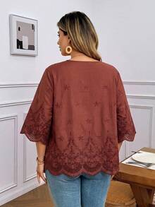 SHEIN LUNE 大尺碼女款花卉刺繡圖案休閒日常穿著襯衫 - 棕色 - 查看 2
