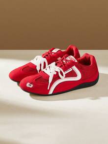 CUCCOO EASI 女款繫帶拼接設計圓頭平底運動休閒鞋，簡約舒適 PU 紅白配色休閒運動鞋 - 紅白色 - 查看 7
