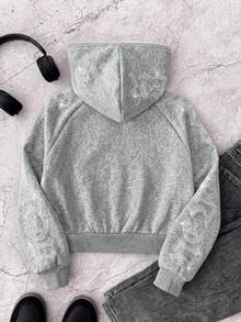 SHEIN 青少年女孩哥德風文字鑲鑽短版拉鍊連帽衛衣，秋冬長袖上衣，畢業穿搭，開學穿搭 - 灰色 - 查看 2
