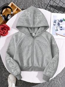 SHEIN 青少年女孩哥德風文字鑲鑽短版拉鍊連帽衛衣，秋冬長袖上衣，畢業穿搭，開學穿搭 - 灰色 - 查看 8