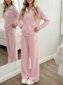 Tween Girls 8-12Y 2Pcs Pink Textured Set, Contrast White Collar V Neck Long Sleeve Top Wi - Baby Pink - View 6
