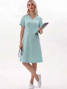 TaskEZ Mint Green V-Neck Short Sleeve Double Pocket Convenient Minimalist Fresh Scrub Uniform Nurse Dress - Cadet Blue - View 6