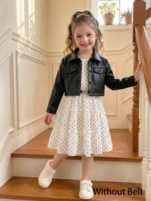 SHEIN Elladie kids 女童新款西裝領長袖外套搭配鬆緊腰 A 字版層次花卉印花吊帶洋裝 2 件套，適合休閒返校穿著 - 白色 - 查看 5