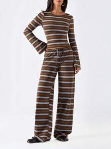 LYSMO Women's Striped Long Sleeve Top And Pants Casual Daily Set - Multicolor - View 5