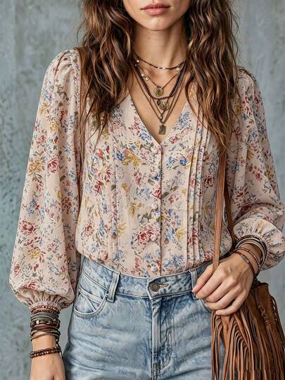 LUMIGAL French Vintage Watercolor Floral V-Neck Accordion Pleat Button-Down Blouse, Bohemian Loose Puff Lantern Long Sleeve Top For Women