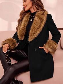 SHEIN Clasi Lapel Neck Double Breasted Overcoat In Fall/Winter - Black - View 1