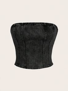 SHEIN MOD 女款時尚休閒抹胸塑形牛仔上衣 - 黑色 - 查看 4