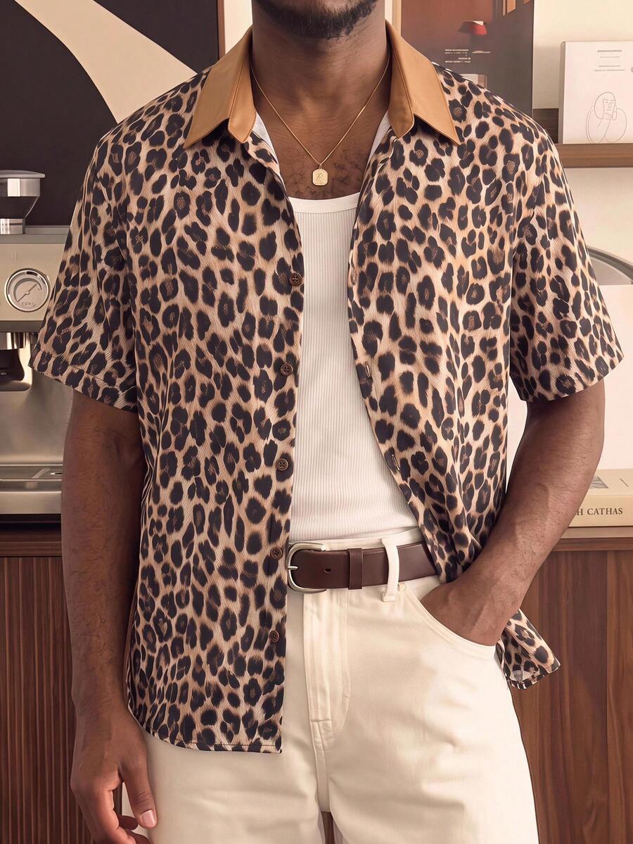 HIMLAND Men's Summer Fashion Leopard Print Shirt Men's Graphic Shirt - Brown - View 1