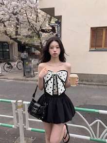 SHEIN MOD Polka Dot Pattern Contrast Binding Bow Front Tube Top, Summer, Back To School, Going Out, Festival Women, Party, Y2k Disco Cute 90s White And Black - Black and White - View 1