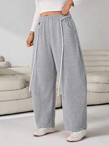 Solflare Casual Versatile Grey Curved Leg Plus Size Sweatpants - Light Grey - View 5