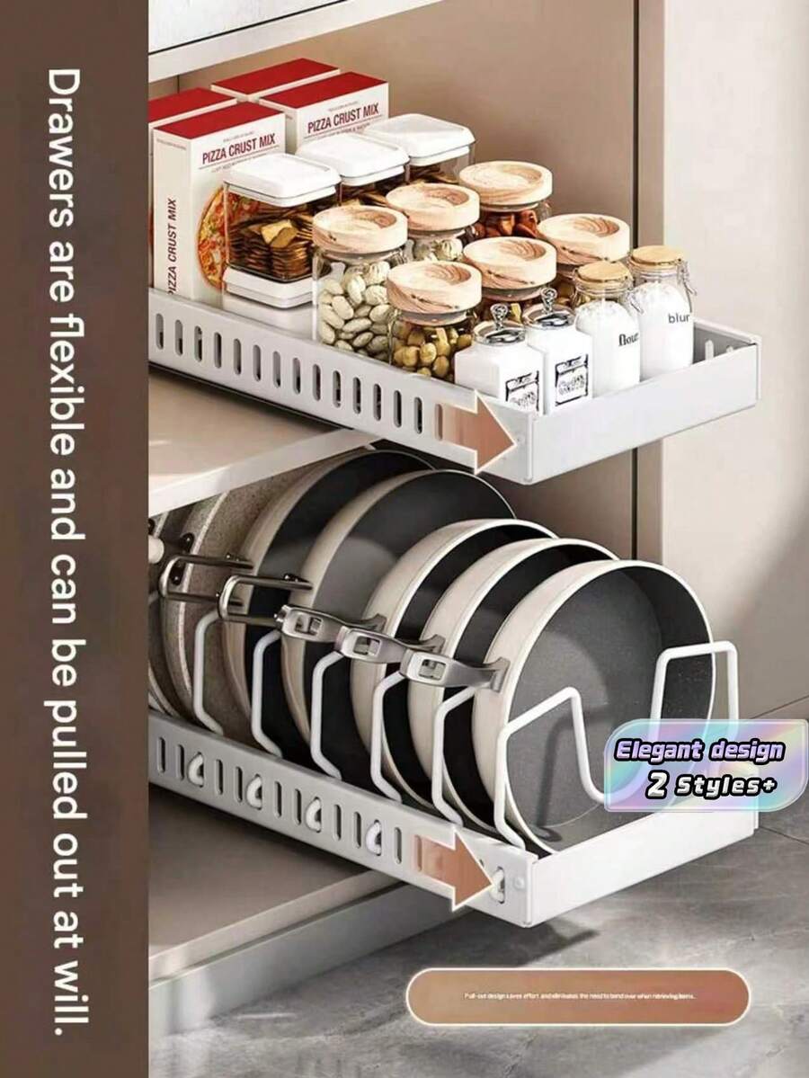 Rak Penyimpanan Peralatan Masak & Panci Stainless Steel dengan Kotak Penyimpanan Tutup Geser, Cocok untuk Semua Musim, Dirancang untuk Pemasangan di Bawah Kabinet, Sekat yang Dapat Diatur untuk Kabinet Dapur dan Perlengkapan Kue