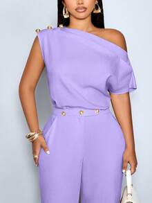 SOLERSUN 女款大尺碼春夏優雅不對稱領無袖金屬鈕扣修身純色單肩襯衫，適合辦公室約會晚裝通勤穿搭，休閒日常上衣 - 淡紫色 - 查看 4
