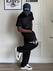 Harrin Don Harrin Don 1pc Casual Loose Fit Summer Wide Leg Sweatpants With Front & Back Graphic, Street Style - Black - View 5