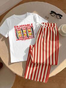Comfortcana 2pcs Set Embroidered Round Neck Short Sleeve Top And Striped Print Pants, Casual - Multicolor - View 5