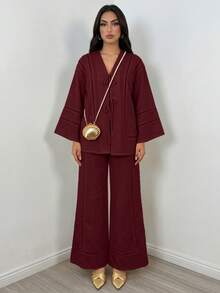 Duskaine 女款純色長袖上衣與長褲休閒端莊優雅日常兩件套茶會穿搭酒紅色秋季 - 酒紅色 - 查看 4