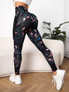 SHEIN Cheerettes 全身印花宽腰运动紧身裤，带手机口袋，女款瑜伽裤 - 彩色 - 查看 3