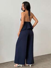 SHEIN PETITE Women's Solid Color Halter Tie Backless Pleated Top And Wide Leg Pants Casual Elegant Sexy 2-Piece Set Petite Night Out Vacation Navy Blue Summer - Navy Blue - View 3