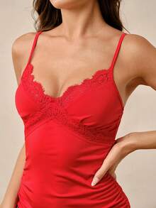 Hourtrue Women's Sexy Lace Patchwork V-Neck Fitted Cami Dress, Drawstring Sides Asymmetrical Hem Nightgown - Red - View 6
