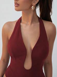 Hauture 女款純色休閒百搭日常穿搭掛脖上衣 - 酒紅色 - 查看 6