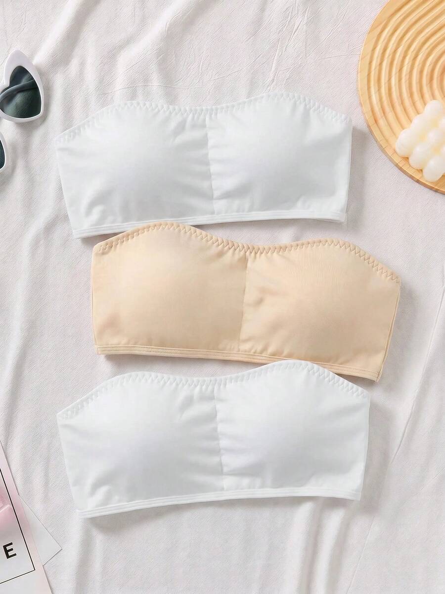 SHEIN 青少年女孩簡約舒適加厚防滑抹胸上衣 3件組 白色夏季娃娃裝 - 彩色 - 查看 1