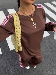 Muchica 女款拼色圓領長袖上衣與長褲休閒街頭風日常兩件套旅行棕色條紋秋季 - 彩色 - 查看 5