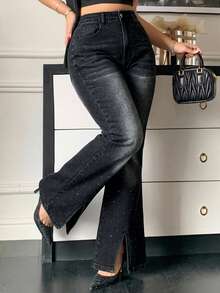 Dazy Plus Plus Size Women's Casual Versatile Daily Flare Jeans With Pockets And Buttons Fall - Black - View 6
