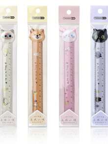 1pc Cute Cat & Dog Cartoon Animal Shaped 15cm Ruler With Fuzzy Ball, Wavy Line Scale, Adorable Stationery,Rulers, Back To School - Cute Pet Series - View 3