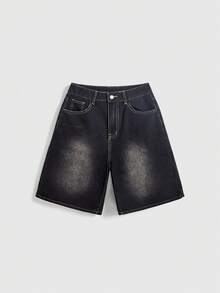 ROMWE Dark Grey Pocket Rhinestone Cursive Letter Print Casual Y2k Streetwear Daily Women's Jeans Everyday Going Out Summer - Black - View 2