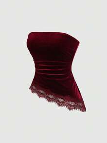 Sweetra Women's Lace Patchwork Pleated Fitted Versatile Daily Outing Bandeau Top - Multicolor - View 1