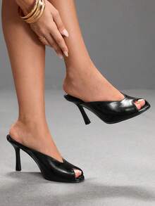 CUCCOO SZL 女款黑色亮面PU一體式圓頭時尚街拍舒適高跟涼鞋 - 黑色亮光PU - 查看 1