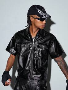 Modcrash Mens Black PU Leather Shirt, Short Sleeve Streetwear Button Down For Business Casual And Parties - Black - View 5