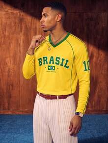 Manfinity Campus Court American Vintage Brazil Team Badge & Letter Print Jersey Top, Street Casual V-Neck Long Sleeve Shirt, Men's & Women's Graphic T-Shirt, Men's Autumn/Winter Fashion Travel Sports Shirt, Football, Football Supplies - Multicolor - View 6
