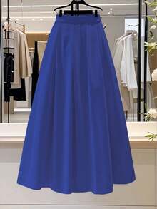 Franclia A-Line Pleated Casual Versatile Solid Color Everyday Women Skirt - Medium Wash - View 5