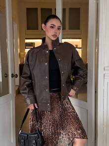 DAZY Women's Autumn Stand Collar Long Sleeve Dark Brown PU Leather Short Jacket, Loose Casual Streetwear Commuter Outdoor Motorcycle Style - Brown - View 3