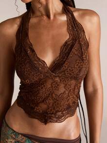 ACID BLVD Spring/Summer Country Valentine's Day Women's Fashionable Sexy Lace Halter V-Neck Camisole - Brown - View 1