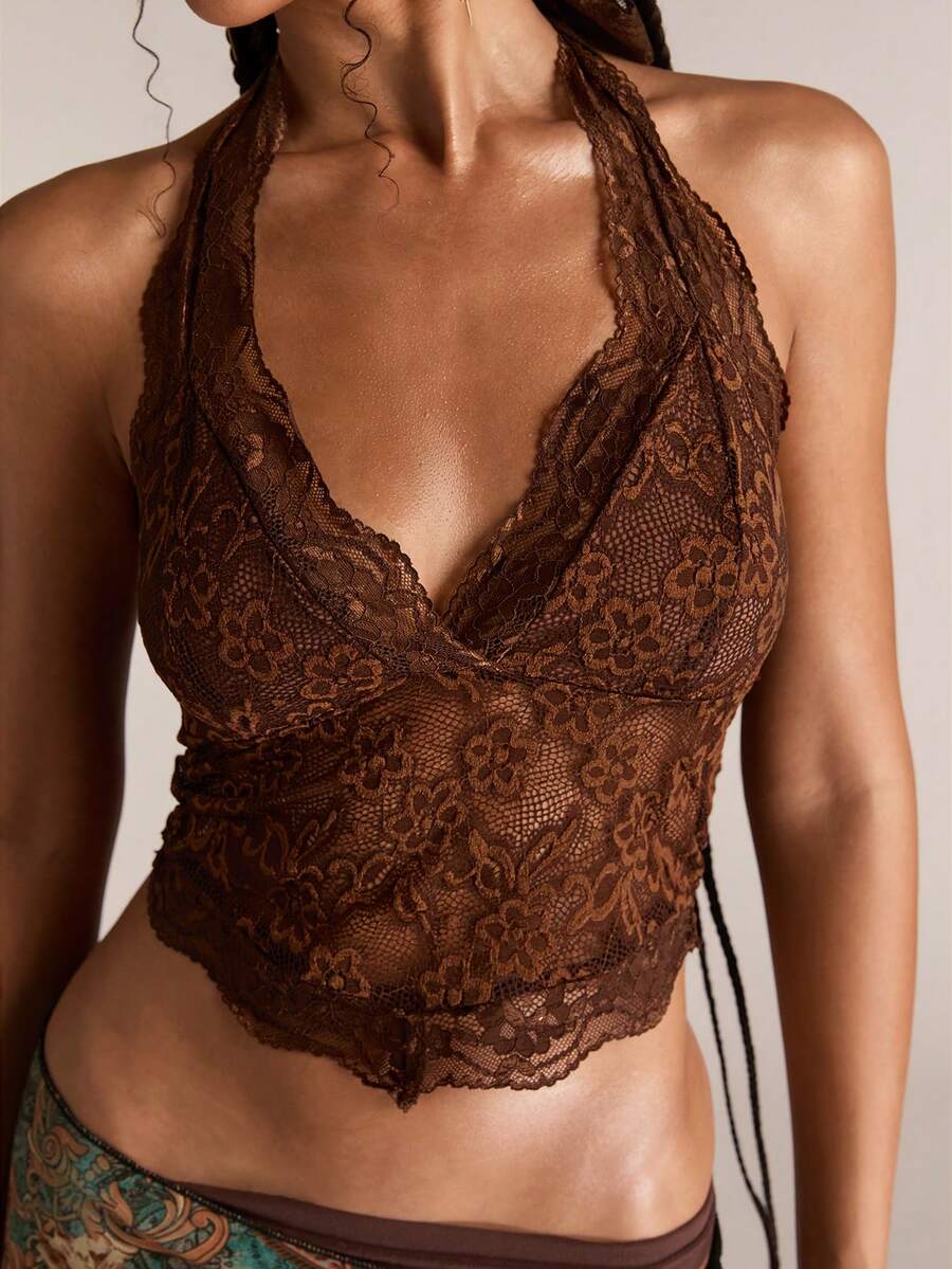 ACID BLVD Spring/Summer Country Valentine's Day Women's Fashionable Sexy Lace Halter V-Neck Camisole - Brown - View 1