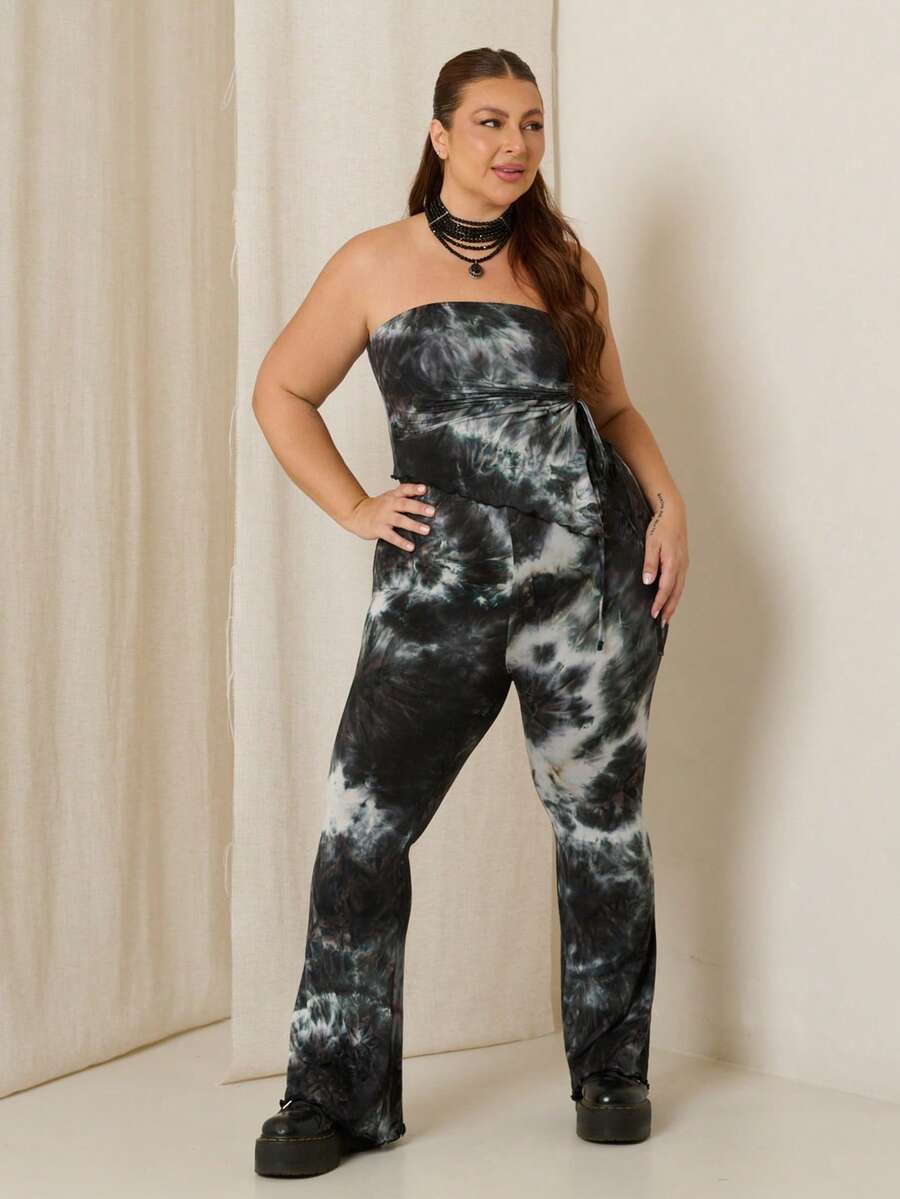 Lele Munniz 2pcs Set:Tie-Dye Plus Size Bandeau Top And Flared Pants, Spring/SummerSummer Outfits For Women,Club Women,Beach Woman,Tube Elegant