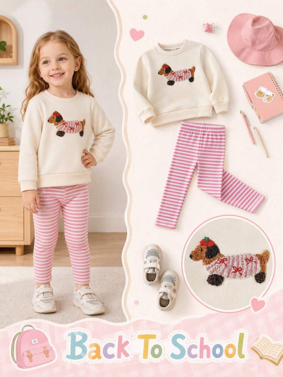 SHEIN Playful Pals 女嬰長袖套裝,奶油白色圓領上衣搭配可愛臘腸狗幼犬印花,俏皮設計。搭配粉色與白色細條紋收口長褲,溫柔可愛,適合日常穿著與外出。休閒日常可愛圓領長袖套裝,卡通動物印花上衣與針織內搭褲,適合女嬰春秋季 - 白色 - 查看 1